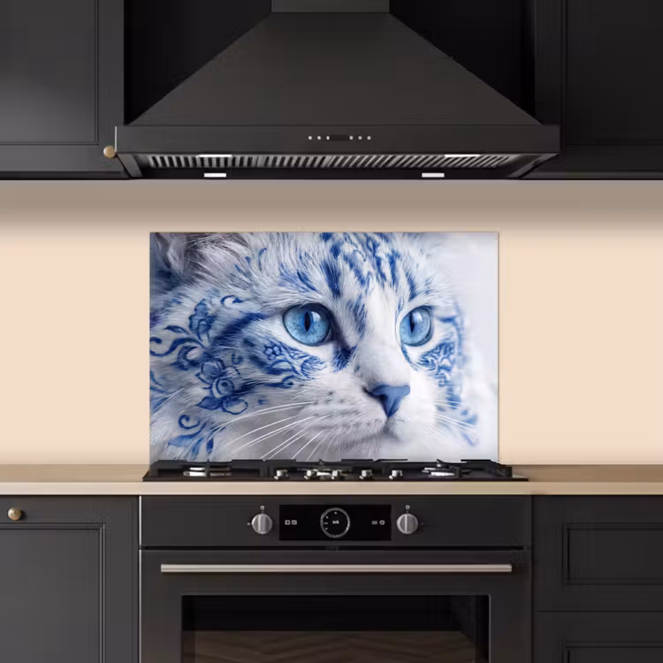 Kat - Patroon - Blauw keuken achterwand spatscherm klein -sfeer1