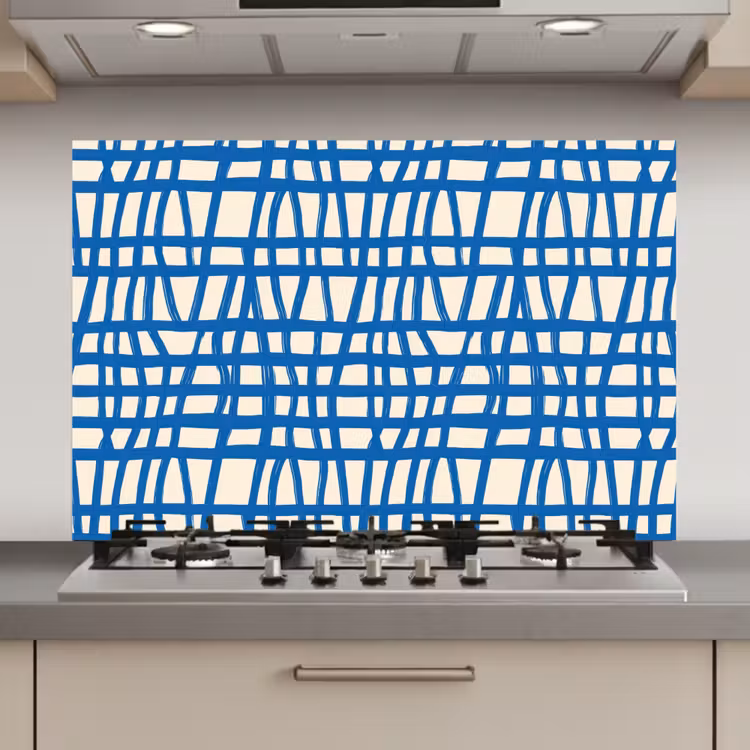 Ruitpatroon - Blauw - Crème keuken achterwand spatscherm klein 900 -3d_website