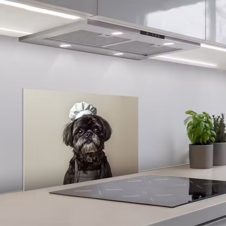 Kokskleding - Zwart - Hondje keuken achterwand spatscherm klein -3d_schuin