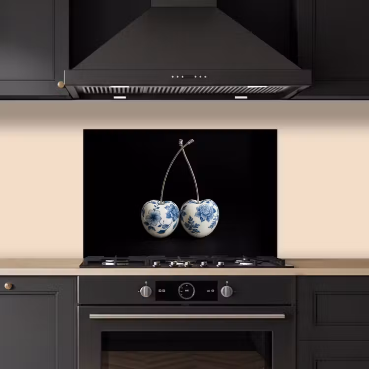 Kersen - Delfts blauw - Fruit keuken achterwand spatscherm klein -sfeer1