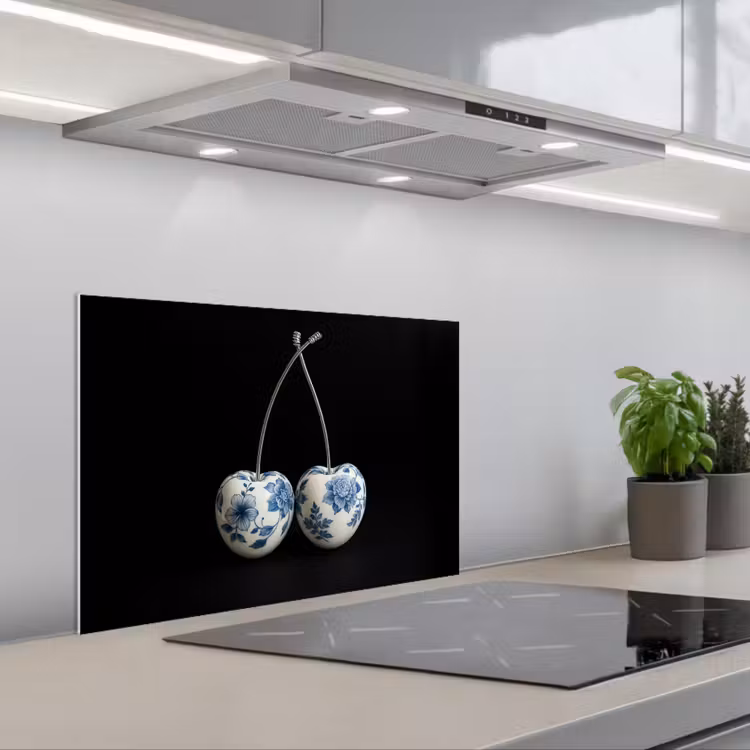 Kersen - Delfts blauw - Fruit keuken achterwand spatscherm klein -3d_schuin