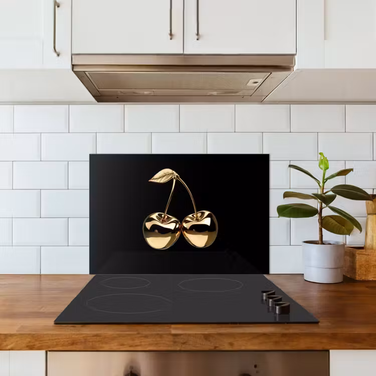 Kersen - Zwart - Goud - Chrome keuken achterwand spatscherm klein -sfeer2