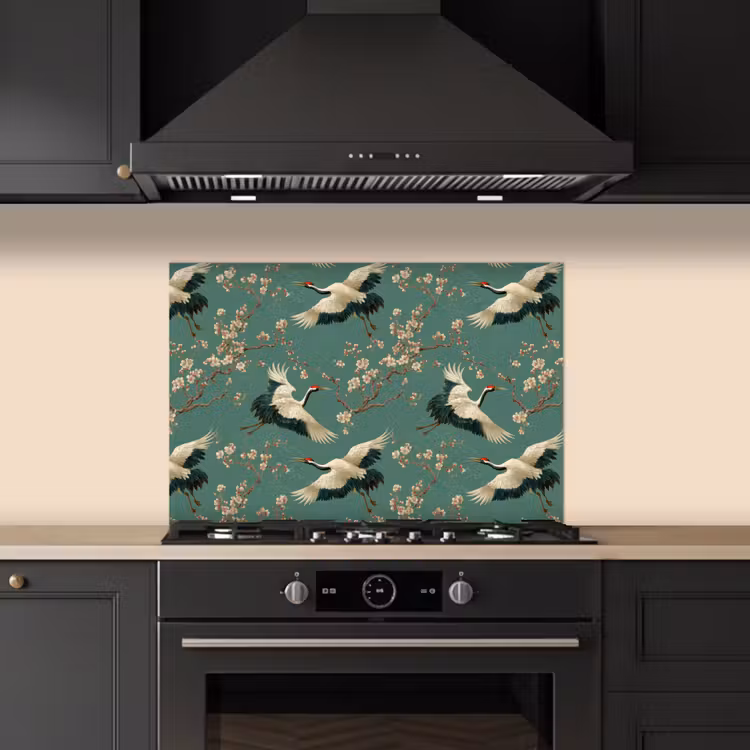 Kersenbloesem - Kraamvogels - Groen keuken achterwand spatscherm klein 900 -sfeer1