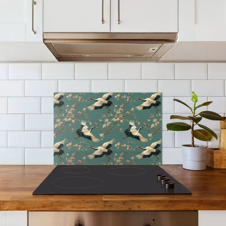 Kersenbloesem - Kraamvogels - Groen keuken achterwand spatscherm klein 900 -sfeer2