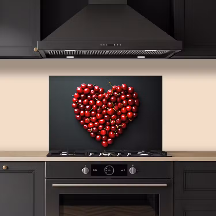 Kersen - Hart - Rood - Zwart keuken achterwand spatscherm klein -sfeer1