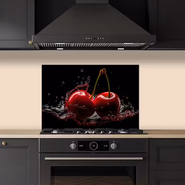 Kersen - Rood - Fruit - Water - Zwart keuken achterwand spatscherm klein -sfeer1