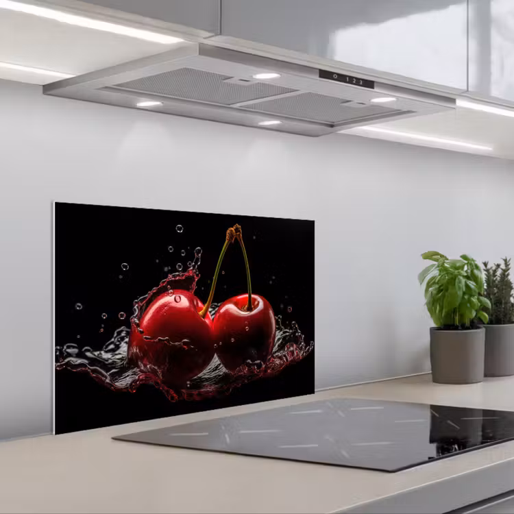 Kersen - Rood - Fruit - Water - Zwart keuken achterwand spatscherm klein -3d_schuin