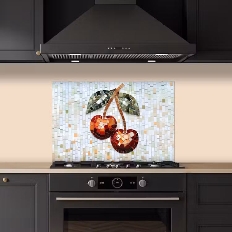 Kersen - Rood - Mozaïek - Blaadjes keuken achterwand spatscherm klein -sfeer1