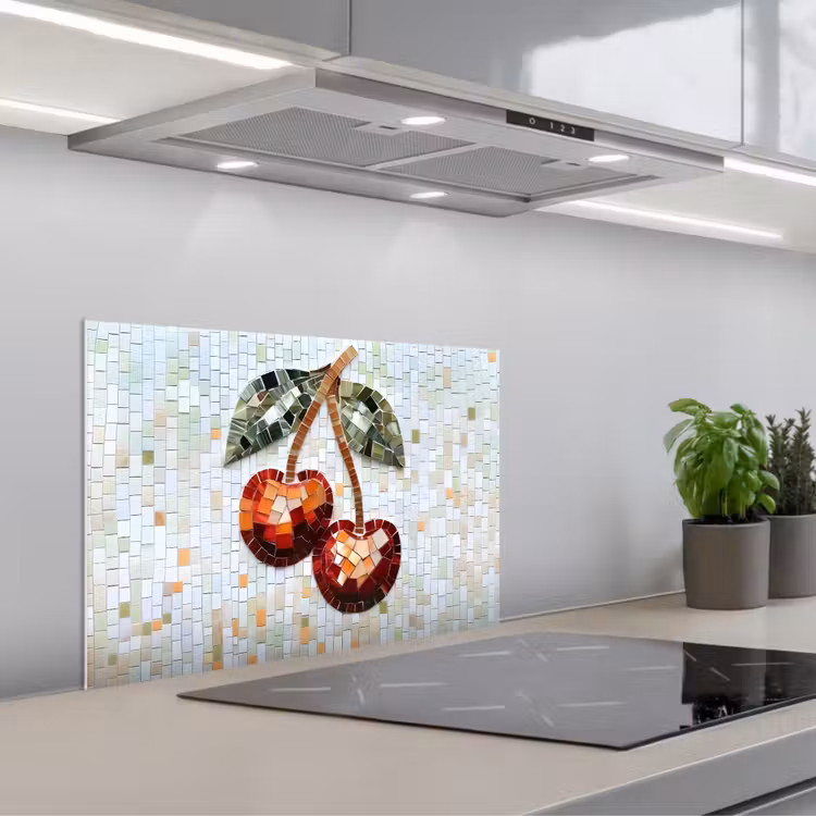 Kersen - Rood - Mozaïek - Blaadjes keuken achterwand spatscherm klein -3d_schuin