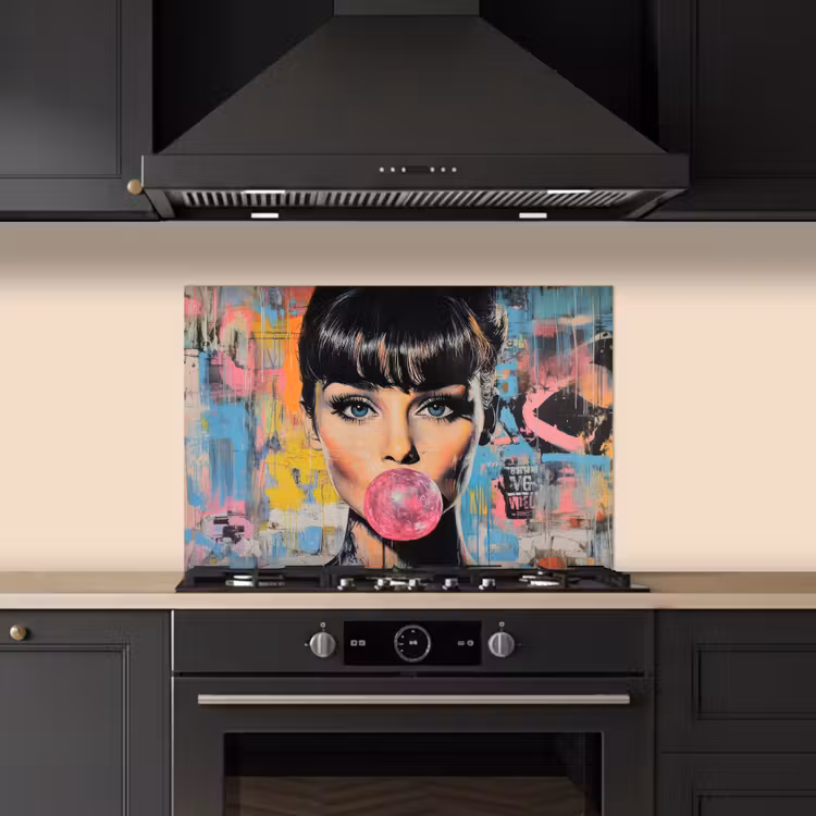 Kauwgom - Vrouw - Penseelstreken - Modern keuken achterwand spatscherm klein -sfeer1