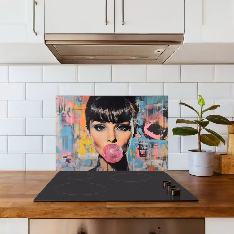 Kauwgom - Vrouw - Penseelstreken - Modern keuken achterwand spatscherm klein -sfeer2