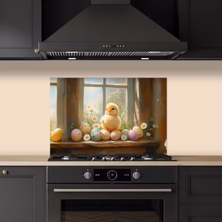 Kuiken - Raam - Paaseieren keuken achterwand spatscherm klein -sfeer1
