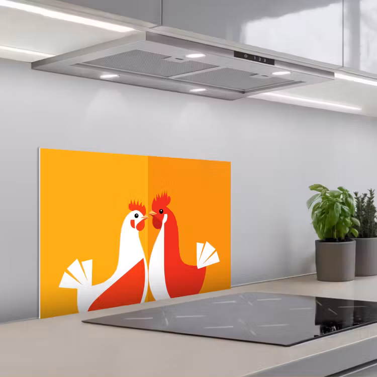 Kippen - Oranje - Vlakken keuken achterwand spatscherm klein -3d_schuin
