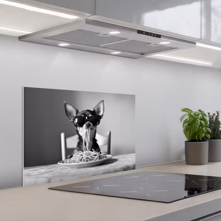 Chihuahua - Hond - Zonnebril - Humoristisch - Zwart - Wit - Spaghetti keuken achterwand spatscherm klein -3d_schuin