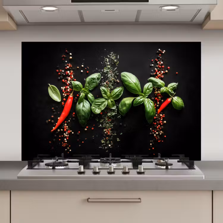 Chilipepers - Basilicum - Blaadjes - Rood keuken achterwand spatscherm klein -3d_website