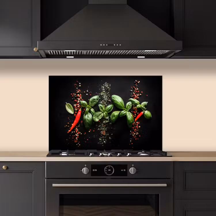 Chilipepers - Basilicum - Blaadjes - Rood keuken achterwand spatscherm klein -sfeer1