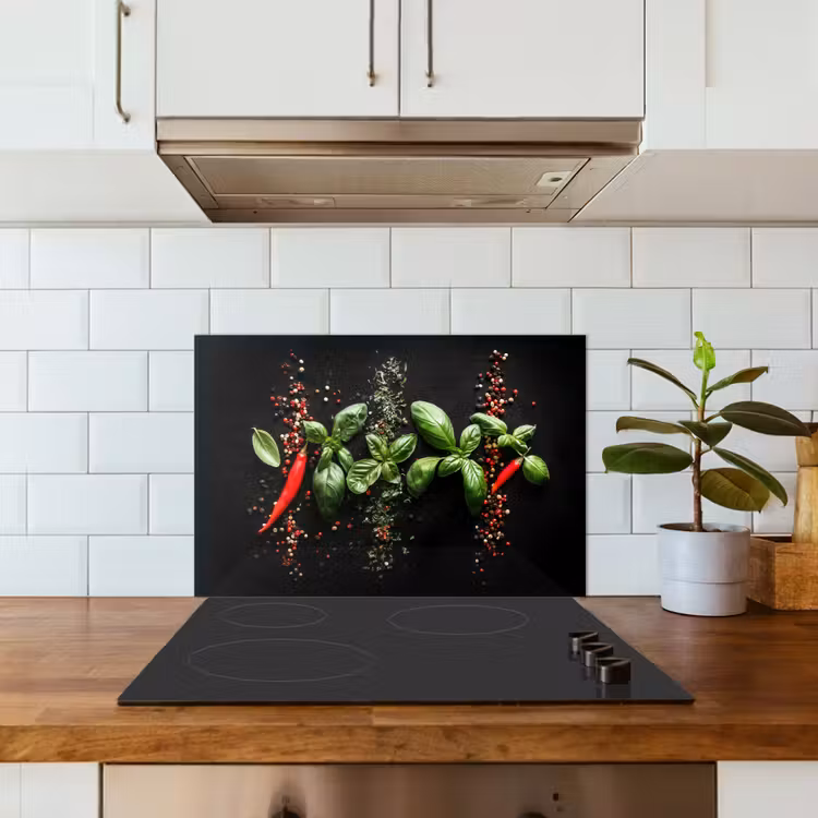 Chilipepers - Basilicum - Blaadjes - Rood keuken achterwand spatscherm klein -sfeer2