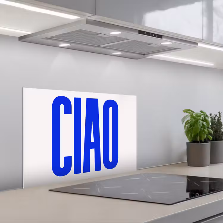 Ciao - Hoofdletters - Blauw - Minimalistisch keuken achterwand spatscherm klein -3d_schuin
