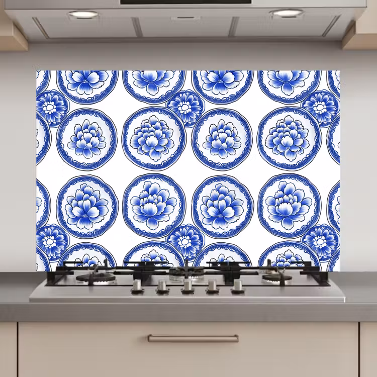 Cirkels - Bloemen - Blauw keuken achterwand spatscherm klein 900 -3d_website