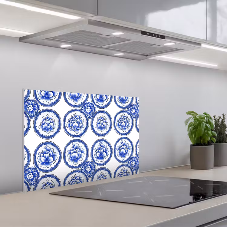Cirkels - Bloemen - Blauw keuken achterwand spatscherm klein 900 -3d_schuin