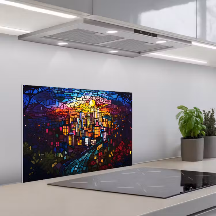 Stad - Maan - Mozaïek - Kleurrijk keuken achterwand spatscherm klein -3d_schuin