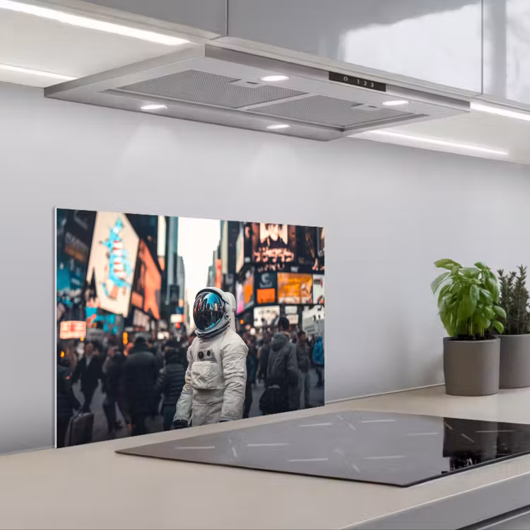 Stad - Mensen - Astronaut - Wit keuken achterwand spatscherm klein -3d_schuin