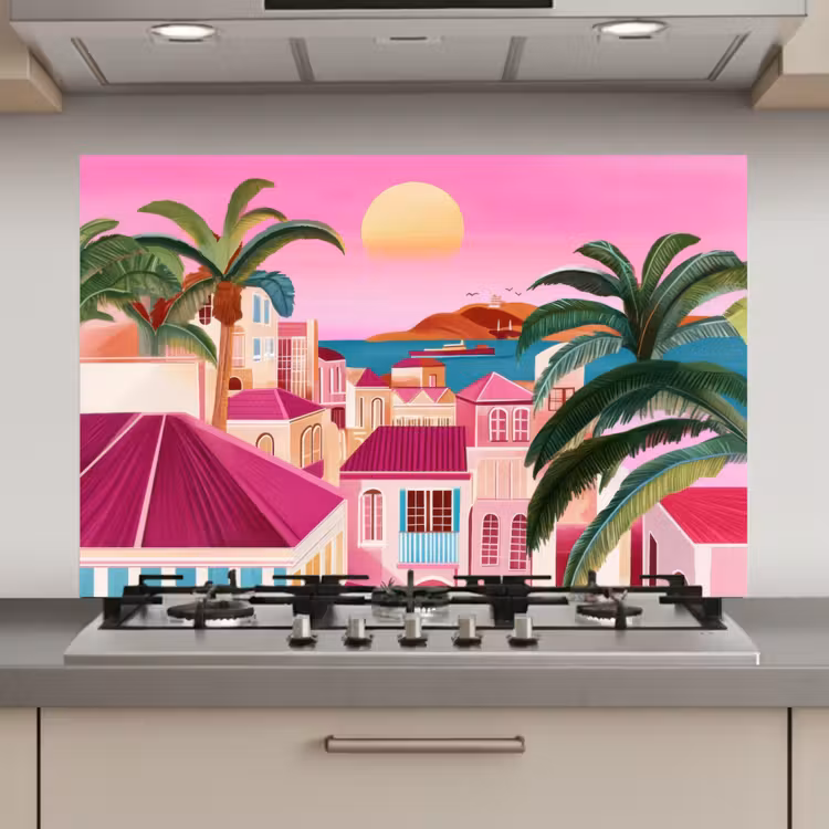 Stad - Roze - Palmbomen keuken achterwand spatscherm klein -3d_website