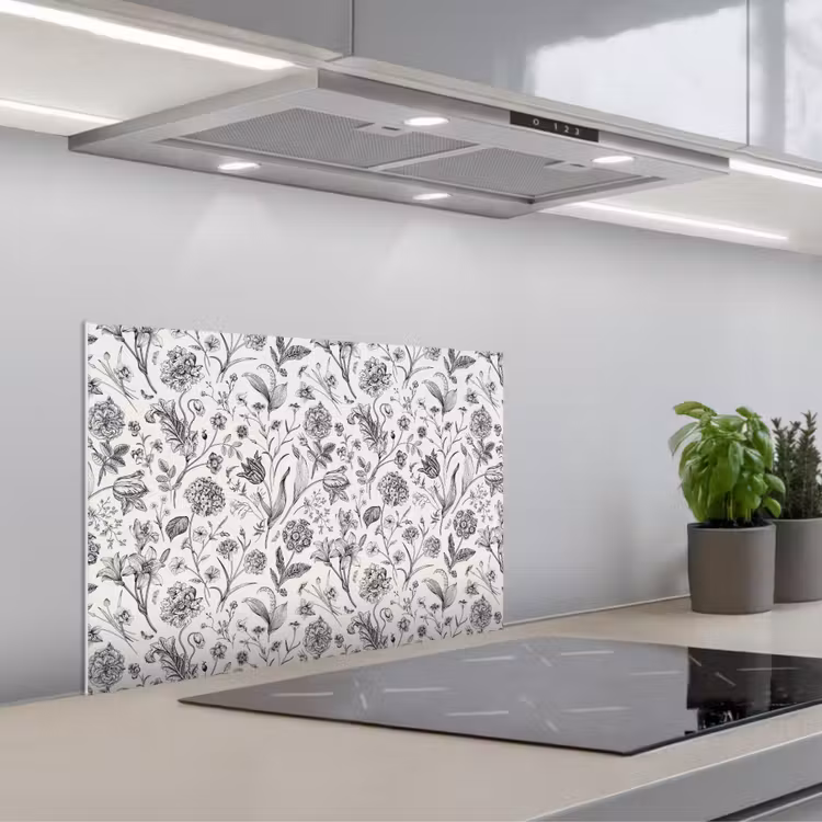 Classic - Black - White - Floral keuken achterwand spatscherm klein 900 -3d_schuin
