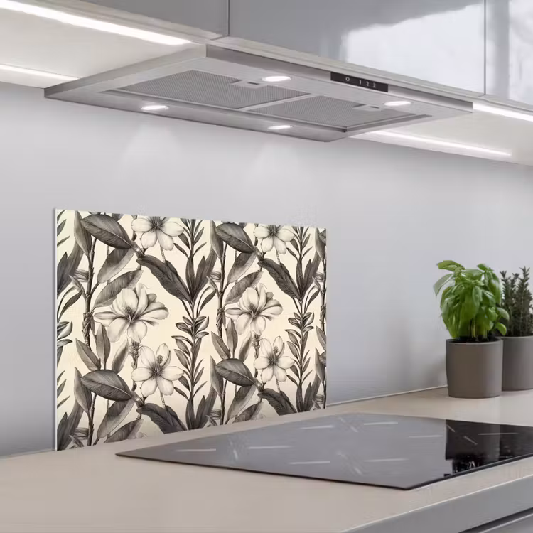 Klassiek - Botanisch - Zwart - Beige keuken achterwand spatscherm klein 900 -3d_schuin