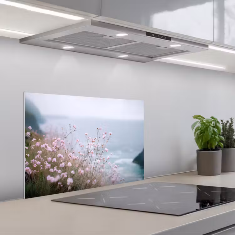 Klif - Bloemen - Zee - Roze keuken achterwand spatscherm klein -3d_schuin