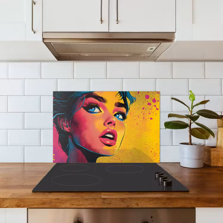 Close-up - Vrouwengezicht - Stippen - Geel keuken achterwand spatscherm klein -sfeer2
