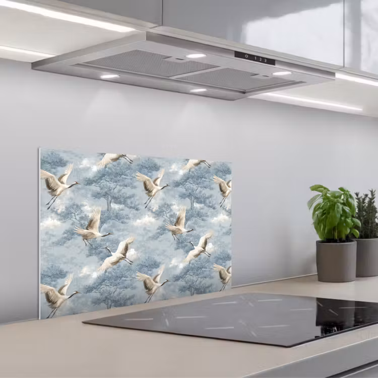 Wolken - Kraanvogels - Blauw keuken achterwand spatscherm klein 900 -3d_schuin