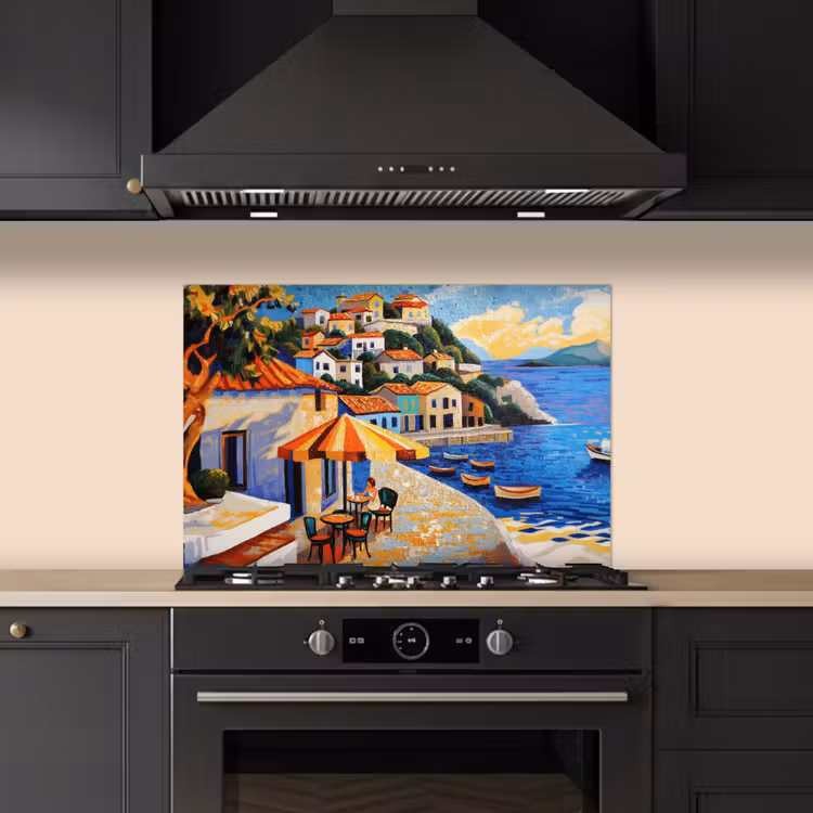 Kustdorp - Huisjes - Mozaïek - Zee keuken achterwand spatscherm klein -sfeer1