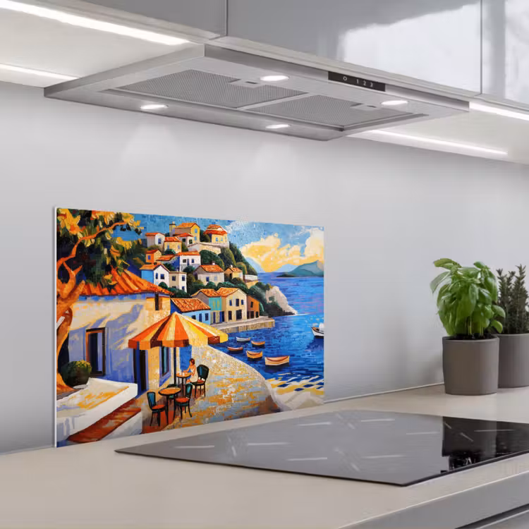 Kustdorp - Huisjes - Mozaïek - Zee keuken achterwand spatscherm klein -3d_schuin