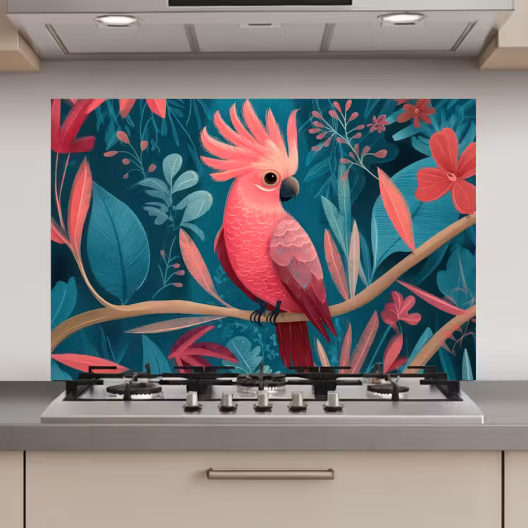 Kaketoe - Tropische bladeren - Tak keuken achterwand spatscherm klein -3d_website