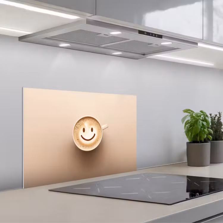 Koffie - Melkschuim - Lach - Beige keuken achterwand spatscherm klein -3d_schuin