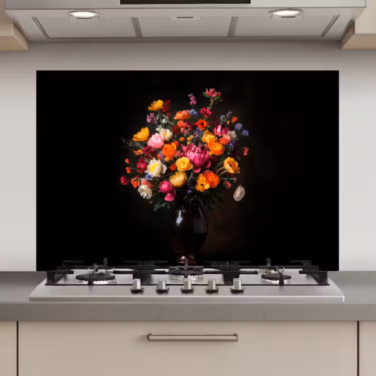 Kleurrijk - Boeket - Vaas - Donkerbruin keuken achterwand spatscherm klein -3d_website