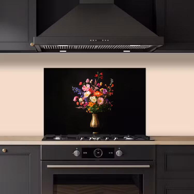 Kleurrijk - Boeket - Vaas - Goud keuken achterwand spatscherm klein -sfeer1