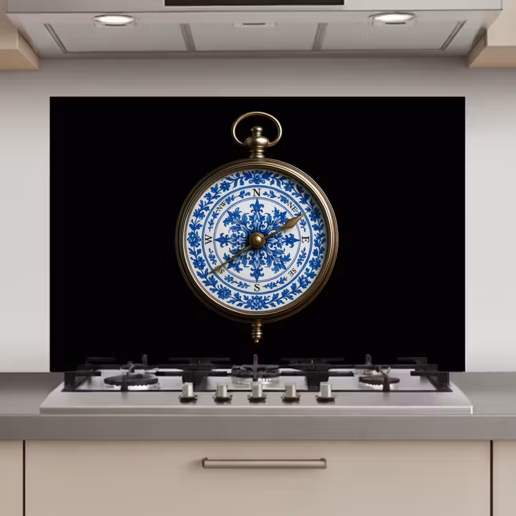 Kompas - Delfts blauw - Zwart keuken achterwand spatscherm klein -3d_website