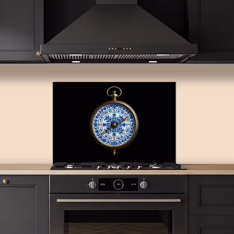 Kompas - Delfts blauw - Zwart keuken achterwand spatscherm klein -sfeer1