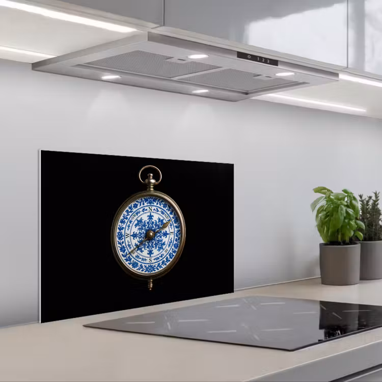 Kompas - Delfts blauw - Zwart keuken achterwand spatscherm klein -3d_schuin