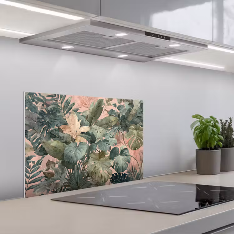 Compositie van bladeren - Groen - Roze keuken achterwand spatscherm klein -3d_schuin