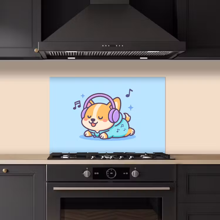 Corgi - Koptelefoon - Blauw - Muzieknoten keuken achterwand spatscherm klein -sfeer1
