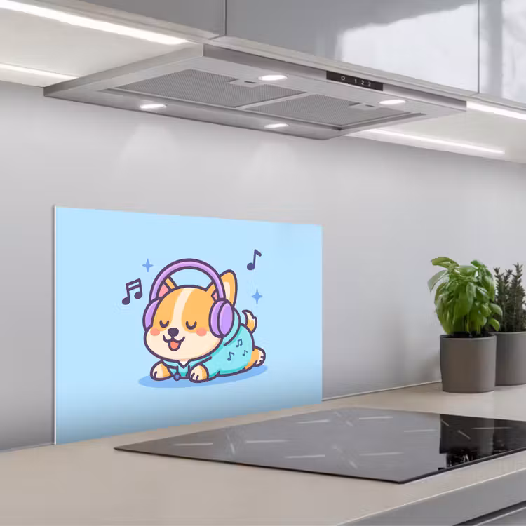 Corgi - Koptelefoon - Blauw - Muzieknoten keuken achterwand spatscherm klein -3d_schuin
