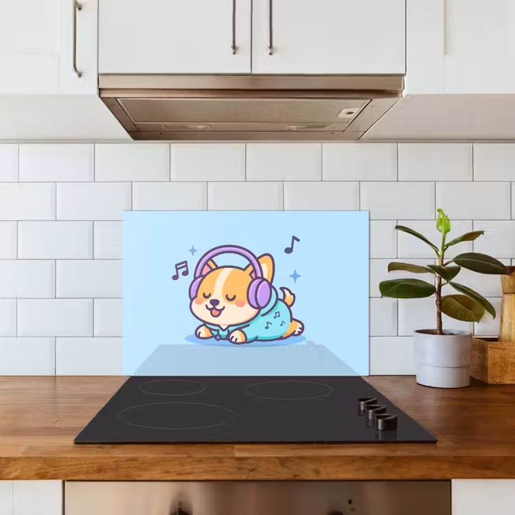 Corgi - Koptelefoon - Blauw - Muzieknoten keuken achterwand spatscherm klein -sfeer2