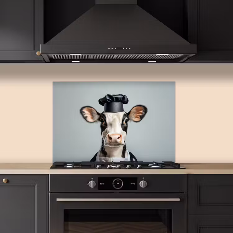 Koe - Zwart - Wit - Kok keuken achterwand spatscherm klein -sfeer1