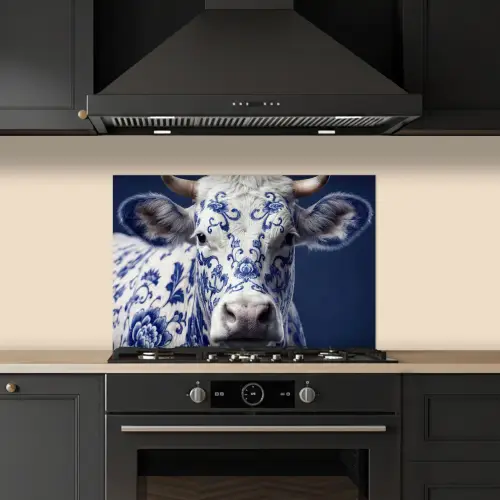 Koe - Delfts - Blauw - Artistiek keuken achterwand spatscherm klein -sfeer1