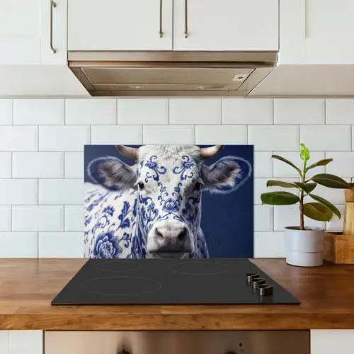 Koe - Delfts - Blauw - Artistiek keuken achterwand spatscherm klein -sfeer2