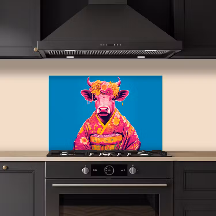 Koe - Bloemenkrans - Oorhangers - Kimono keuken achterwand spatscherm klein -sfeer1