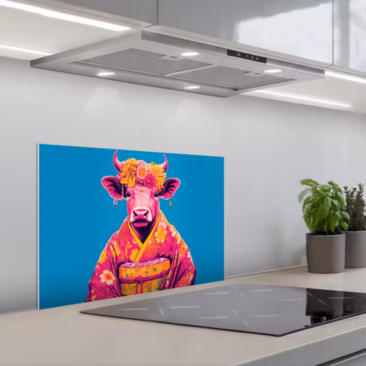 Koe - Bloemenkrans - Oorhangers - Kimono keuken achterwand spatscherm klein -3d_schuin
